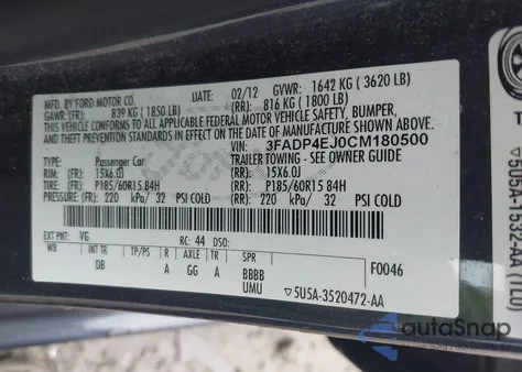 2012 Ford Fiesta Se from USA, damaged, VIN 3FADP4EJ0CM180500